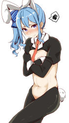 Rule 34 | 1girl, absurdres, animal ears, black gloves, blue eyes, blue hair, blush, closed mouth, covering privates, covering breasts, embarrassed, fake animal ears, fake tail, gloves, highres, hololive, hoshimachi suisei, leotard, long sleeves, meme attire, navel, necktie, playboy bunny, rabbit ears, rabbit tail, red necktie, reverse bunnysuit, reverse outfit, ryuunagi hyouga, solo, speech bubble, sweat, tail, virtual youtuber, white background