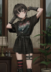 Rule 34 | 1girl, absurdres, arms up, belt, black hair, black shirt, black thighhighs, blush, boots, bottle, clothes writing, cowboy shot, cross, cross earrings, earrings, gishiki (gshk), gloves, goth fashion, hair intakes, hands up, highres, indoors, jewelry, knee boots, lamp, looking at viewer, original, pale skin, plaid, plaid skirt, plant, pleated skirt, potted plant, red thighhighs, shirt, shirt tucked in, short hair, single thighhigh, skirt, slipknot, solo, standing, striped clothes, striped gloves, thigh strap, thighhighs, window