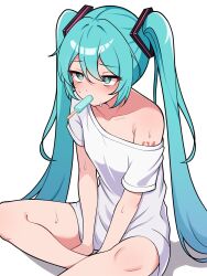 Rule 34 | 1girl, aqua eyes, aqua hair, armpit crease, bare legs, between legs, breasts, collarbone, commentary, eyelashes, food, food in mouth, foot out of frame, hair between eyes, hair ornament, hand between legs, hatsune miku, highres, kumada gaon, legs, long hair, looking at viewer, mouth hold, no pants, off shoulder, on ground, oversized clothes, oversized shirt, popsicle, popsicle in mouth, shirt, short sleeves, sidelocks, simple background, sitting, small breasts, solo, sweatdrop, t-shirt, twintails, very long hair, vocaloid, white background, white shirt