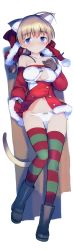 Rule 34 | 1girl, absurdres, ahoge, animal ears, blue eyes, blush, boots, bow, bow panties, braid, breasts, brown hair, cat ears, cat tail, covered erect nipples, dakimakura (medium), detached sleeves, full body, gloves, green thighhighs, highres, hood, hood down, long hair, lynette bishop, no bra, open clothes, open shirt, panties, red thighhighs, scan, shimada fumikane, shirt, simple background, single braid, solo, strike witches, striped clothes, striped thighhighs, tail, thighhighs, underboob, underwear, white background, white panties, world witches series