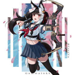 Rule 34 | 1girl, animal ear fluff, animal ears, apex legends, arrow (projectile), artist name, bead bracelet, beads, black thighhighs, blue sailor collar, blue skirt, bocek compound bow, bow (weapon), bracelet, brown footwear, character name, cherry blossoms, commentary, cruzvu, drawing bow, english commentary, floating hair, fox ears, fox girl, fox mask, fox tail, gammainkk, highres, holding, holding bow (weapon), holding weapon, indie virtual youtuber, jewelry, katana, long hair, mask, mask on head, midriff, multicolored hair, navel, neckerchief, petals, pleated skirt, red neckerchief, sailor collar, school uniform, serafuku, shirt, skirt, solo, streaked hair, sword, tail, thighhighs, twintails, virtual youtuber, weapon, weapon on back, white shirt