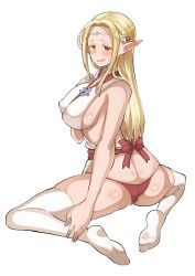 Rule 34 | 1girl, ass, blonde hair, blush, breasts, brown eyes, butt crack, covered erect nipples, crotch, edomae elf, eldali ilma fanomenel, elf, highres, large breasts, long hair, looking at viewer, norakuro nero, open mouth, panties, pointy ears, red panties, sideboob, smile, solo, thighhighs, underwear, white thighhighs