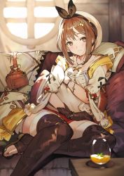 Rule 34 | 1girl, atelier (series), atelier ryza, atelier ryza 1, backlighting, belt, boots, breasts, bridal legwear, bright pupils, brown eyes, brown gloves, brown hair, brown thighhighs, cleavage, clothing cutout, gloves, hat, highres, holster, hood, hooded vest, hoodie, jewelry, leather, leather belt, looking at viewer, medium breasts, necklace, official art, pouch, red shorts, reisalin stout, short hair, short shorts, shorts, shoulder cutout, single glove, sitting, smile, solo, star (symbol), star necklace, thigh gap, thigh holster, thighhighs, thighhighs under boots, toe ring, toeless footwear, toeless legwear, toridamono, vest, white pupils