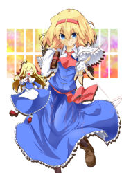 Rule 34 | 1girl, ahoge, alice margatroid, apron, ascot, blonde hair, blue eyes, book, boots, bow, capelet, doll, dress, closed eyes, female focus, fingerless gloves, gloves, hair bow, hairband, jewelry, necktie, open mouth, pantyhose, ribbon, ring, sash, shanghai doll, smile, solo, string, touhou, white background, yuuki. (limit)