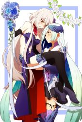 Rule 34 | 2girls, bare shoulders, black gloves, black legwear, black skirt, blonde hair, blue flower, blue hair, blush, bouquet, breasts, brynhildr (fate), carrying, cleavage, clothing cutout, commentary request, dress, elbow gloves, fate/apocrypha, fate/grand order, fate/prototype, fate/prototype: fragments of blue and silver, fate (series), flower, gauntlets, gloves, gradient hair, green hair, high heels, jeanne d&#039;arc (fate), jeanne d&#039;arc (ruler) (fate), jeanne d&#039;arc alter (avenger) (fate), jeanne d&#039;arc alter (avenger) (third ascension) (fate), jeanne d&#039;arc alter (fate), long hair, looking at another, multicolored hair, multiple girls, navel cutout, official alternate costume, oiun, princess carry, purple eyes, skirt, sleeveless, sleeveless dress, thighhighs, very long hair, white flower, yellow eyes, yuri, zettai ryouiki