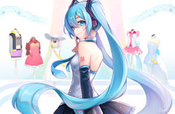 Rule 34 | 1girl, aqua background, arm at side, backless outfit, bag, bare back, bare shoulders, black jacket, black skirt, blue choker, blue dress, blue eyes, blue hair, blue nails, blue neckwear, blurry, blurry background, bow, breasts, choker, closed mouth, clothes, clothes writing, collared jacket, collared shirt, colorful, commentary, curtains, depth of field, detached sleeves, dress, dress shirt, english commentary, eyelashes, eyes visible through hair, finger to mouth, fingernails, floating hair, floral print, frilled dress, frills, gradient background, grey shirt, hair between eyes, hand up, happy, hat, hatsune miku, headset, high collar, highres, index finger raised, jacket, lace, light blush, light particles, long hair, long sleeves, looking at viewer, looking back, mamo (fortune-mm), mannequin, multicolored clothes, multicolored jacket, nail polish, nape, neck ribbon, necktie, number tattoo, off-shoulder dress, off shoulder, open clothes, open jacket, pink dress, pink ribbon, pink skirt, pleated skirt, purple shorts, rainbow, ribbon, shirt, short dress, shorts, shoulder blades, shoulder tattoo, sideboob, sidelocks, signature, simple background, skirt, sleeveless, sleeveless dress, sleeveless shirt, small breasts, smile, solo, staff (music), stairs, star (symbol), star print, starry background, strapless, strapless dress, sun hat, sundress, tareme, tattoo, twintails, two-tone jacket, upper body, vignetting, vocaloid, waist bow, waist cape, white background, white dress, white hat, white shirt