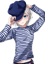 Rule 34 | 1girl, adjusting clothes, adjusting headwear, anastasia (idolmaster), arms up, belt, blue eyes, blue hat, blue nails, blush, cabbie hat, closed mouth, commentary request, contemporary, earrings, fingernails, hair over one eye, hand on headwear, hat, head tilt, idolmaster, idolmaster cinderella girls, jewelry, lips, long fingernails, long sleeves, looking at viewer, morino shoutarou, nail polish, navel, shirt, short hair, silver hair, simple background, solo, striped clothes, striped shirt, telnyashka, upper body, white background
