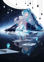 1girl absurdres aqua_eyes aqua_hair black_footwear black_sailor_collar black_skirt black_socks closed_eyes commentary different_reflection digital_media_player full_body half-closed_eyes hatsune_miku headphones highres holding holding_digital_media_player ji_ye_fan_sheng kneehighs knees_up letter long_hair long_sleeves love_letter night night_sky pleated_skirt reflection sailor_collar school_uniform serafuku shirt shooting_star sitting skirt sky socks symbol-only_commentary twintails very_long_hair vocaloid white_shirt