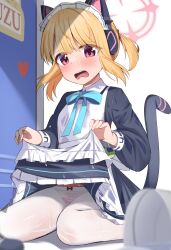 Rule 34 | 1girl, absurdres, animal ear headphones, animal ears, apron, black dress, blonde hair, blue archive, blush, cat, dress, fake animal ears, frilled apron, frills, halo, headphones, highres, kirisame oreo, long sleeves, looking at viewer, maid, maid headdress, momoi (blue archive), momoi (maid) (blue archive), official alternate costume, open mouth, panties, panties under pantyhose, pantyhose, pink halo, red eyes, short hair, solo, striped clothes, striped panties, underwear, white apron, white pantyhose