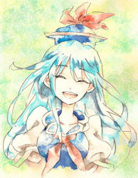 Rule 34 | 1girl, :d, bad id, bad pixiv id, blue hair, closed eyes, female focus, green background, hat, kamishirasawa keine, long hair, open mouth, puffy sleeves, shinoasa, smile, solo, touhou