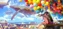 Rule 34 | 1girl, :o, ahoge, aircraft, animal, animal hood, as109, backpack, bag, balloon, barefoot, between breasts, black eyes, black hair, blue sky, blurry, breasts, bubble, blowing bubbles, building, cat, cat hood, city, clock, day, depth of field, dirigible, drawstring, eyelashes, floating hair, flying whale, from side, headphones, highres, holding, hood, hoodie, long hair, miniskirt, neko (catteeth), original, outdoors, paw print, plaid, plaid skirt, pleated skirt, pom pom (clothes), red skirt, scenery, shade, shoulder bag, sitting, skirt, sky, soles, solo, toes, tower, tube, whale, wide shot, wind, windmill, zeppelin