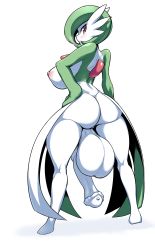 Rule 34 | 1futa, absurdres, animal penis, ass, bare shoulders, blush, breasts, closed mouth, creatures (company), from behind, full body, futanari, game freak, gardevoir, gen 3 pokemon, green hair, hand on own hip, highres, horse penis, huge ass, huge breasts, jadf, large penis, large testicles, looking at viewer, looking back, nintendo, nipples, penis, pokemon, pokemon (creature), pussy, red eyes, short hair, simple background, solo, standing, testicles, thick thighs, thighs, white background