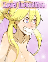 Rule 34 | 1girl, animal ears, blonde hair, blue eyes, blush, breasts, centorea shianus, clenched teeth, crazy eyes, drooling, english text, heart, heart-shaped pupils, horse ears, horse girl, large breasts, long ears, long hair, materclaws, meme, monster girl, monster musume no iru nichijou, nude, ponytail, runny nose, sexually suggestive, snot, solo, staring, suggestive fluid, sweat, symbol-shaped pupils, teeth, upper body, wide-eyed