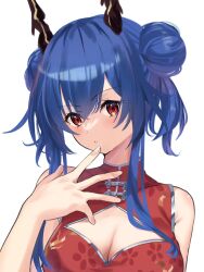 Rule 34 | 1girl, arknights, bare shoulders, blue hair, breasts, ch&#039;en (ageless afterglow) (arknights), ch&#039;en (arknights), china dress, chinese clothes, cleavage, double bun, dragon horns, dress, hair bun, hand up, highres, horns, lily0428, long hair, medium breasts, official alternate costume, red dress, red eyes, sidelocks, simple background, sleeveless, sleeveless dress, solo, twintails, upper body, white background