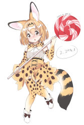 Rule 34 | 1girl, absurdres, animal ears, animal ears (norankkori), bare shoulders, blonde hair, blush, boots, bow, bowtie, candy, check translation, dated, elbow gloves, food, footwear bow, gloves, highres, kemono friends, korean text, lollipop, multicolored hair, oversized object, serval (kemono friends), serval print, serval tail, short hair, skirt, sleeveless, solo, tail, thighhighs, traditional bowtie, translation request