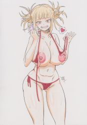 Rule 34 | 1girl, agi (gi60423540), bikini, blonde hair, boku no hero academia, breasts, cleavage, colored pencil (medium), condom, double bun, front-tie bikini top, front-tie top, hair bun, heart, highres, holding, holding condom, large areolae, large breasts, looking at viewer, lower teeth only, navel, nipples, open bikini, open clothes, open mouth, short hair, side-tie bikini bottom, signature, simple background, solo, spoken heart, stomach, swimsuit, teeth, toga himiko, traditional media, upper teeth only, wet, white background, yellow eyes