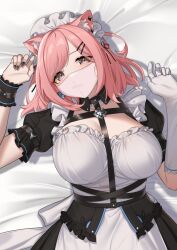 Rule 34 | 1girl, animal ear fluff, animal ears, arm belt, bed sheet, black nails, black wristband, blush, breasts, cat ears, commentary request, dress, earrings, fingernails, frilled dress, frills, gloves, grey eyes, hair ornament, hairclip, heart, heart earrings, highres, honkai (series), honkai impact 3rd, jewelry, large breasts, looking at viewer, maid, maid headdress, mask, meda, medium hair, mouth mask, nail polish, pink hair, pink mask, short sleeves, single glove, solo, swept bangs, timido cute, white dress, white gloves, white headdress, wristband