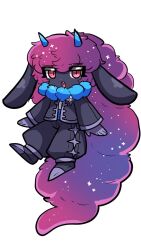 Rule 34 | 1other, :d, animal ears, black jacket, black pants, black skin, blue horns, colored skin, daedream, fang, floating, floppy ears, full body, fur collar, gloves, gradient hair, highres, horns, jacket, long hair, long sleeves, multicolored hair, murasakigezi, open clothes, open jacket, open mouth, palworld, pants, pink hair, puffy pants, purple gloves, purple hair, purple trim, red eyes, simple background, smile, solo, very long hair, white background