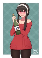 Rule 34 | 1girl, :d, absurdres, artist name, bare shoulders, black hair, black pantyhose, blue background, blush, bottle, breasts, cleavage, commentary, dress, english commentary, freydraws, hair between eyes, hairband, highres, holding, holding bottle, long hair, long sleeves, looking at viewer, medium breasts, nose blush, off-shoulder dress, off shoulder, open mouth, pantyhose, plaid, plaid background, red dress, red eyes, sidelocks, smile, solo, spy x family, white hairband, yor briar