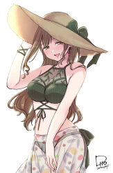 Rule 34 | 1girl, arm up, bare shoulders, bikini, black nails, blush, breasts, brown eyes, brown hair, cleavage, collarbone, cowboy shot, dated, earrings, flip (diiolive), green bikini, green ribbon, hat, hat ribbon, highres, idolmaster, idolmaster shiny colors, jewelry, kuwayama chiyuki, large breasts, long hair, looking at viewer, navel, open mouth, ribbon, sarong, see-through swimsuit, signature, simple background, smile, solo, straw hat, swimsuit, white background, wrist straps