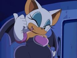Rule 34 | ass, bat wings, belly, big belly, blue eyeliner, breasts, eyeliner, fat, gloves, huge ass, jijafat, lipstick, looking at viewer, makeup, medium breasts, navel, photo editing, puffy cheeks, puffy chest, rouge the bat, sonic (series), sonic x, third-party edit, wings
