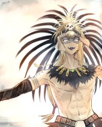 Rule 34 | 1boy, abs, absurdres, annulustgmr10, arm tattoo, aztec, blonde hair, blue eyes, braid, facepaint, fate/grand order, fate (series), gloves, gold necklace, hair ornament, headdress, highres, jewelry, long hair, looking at viewer, male focus, navel, necklace, shoulder tattoo, skull, skull hair ornament, smile, solo, tattoo, tezcatlipoca (fate), tezcatlipoca (third ascension) (fate), topless male, traditional clothes, twin braids, upper body