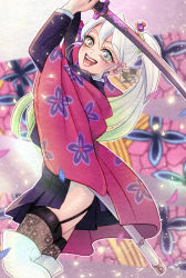 Rule 34 | 1girl, :d, alternate universe, arms up, black skirt, blurry, boots, daki (kimetsu no yaiba), demon slayer uniform, depth of field, eyelashes, feet out of frame, floral print, garter straps, gradient hair, green eyes, green hair, hair ornament, hair stick, haori, holding, holding sword, holding weapon, japanese clothes, kimetsu no yaiba, lace, lace legwear, light particles, long sleeves, looking at viewer, miniskirt, multicolored hair, open mouth, pleated skirt, ponytail, scabbard, sheath, side slit, skirt, skirt set, smile, solo, sword, sword writing, thighhighs, thighhighs under boots, twitter username, two-tone hair, unsheathed, weapon, white footwear, white hair, wide sleeves, yuki (yuki3243)