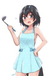 Rule 34 | 1girl, :d, absurdres, apron, bare arms, bare shoulders, black eyes, black hair, blue apron, breasts, collarbone, commentary, cowboy shot, hair between eyes, hand on own hip, heart, highres, kemono friends, ladle, looking at viewer, medium breasts, naked apron, open mouth, polka dot, polka dot apron, shiraha maru, short hair, simple background, smile, solo, superb bird-of-paradise (kemono friends), tail, white background