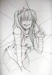 Rule 34 | 1girl, artist request, ass, belphegor (katekyo), belphegor (reborn), bent over, breasts, crown, face, female focus, fingernails, gender request, genderswap, greyscale, grin, hair over eyes, hair over face, katekyo hitman reborn!, knife, large breasts, laughing, lips, long hair, looking back, monochrome, nail, no eyes, nose, off shoulder, queen, shirt, short twintails, sketch, smile, smirk, solo, striped clothes, striped shirt, sweater, teeth, traditional media, truth, twintails, wire, you gonna get raped