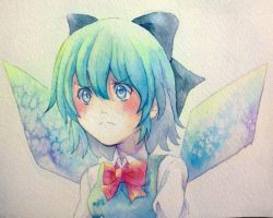 Rule 34 | 1girl, blue eyes, blue hair, bow, cirno, frown, hair bow, ice, ice wings, matching hair/eyes, painting (medium), solo, touhou, traditional media, watercolor (medium), wings, yuyu (00365676)