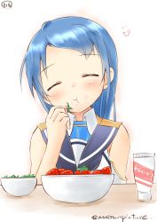 Rule 34 | 10s, 1girl, :t, bare arms, bare shoulders, black neckerchief, blue hair, blush, bowl, closed eyes, collared shirt, condensed milk, eating, elbow gloves, food, food on face, fruit, gloves, hand up, head tilt, heart, highres, kantai collection, long hair, mae (maesanpicture), neckerchief, numbered, samidare (kancolle), school uniform, serafuku, shirt, single elbow glove, single glove, solo, strawberry, swept bangs, translated, tube, twitter username, upper body