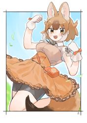 Rule 34 | 1girl, animal ears, bow, bowtie, brown eyes, brown hair, dhole (kemono friends), extra ears, gloves, highres, kemono friends, kemono friends 3, leggings, looking at viewer, outdoors, ribbon, shimazoenohibi, short hair, skirt, solo, tail, wolf ears, wolf girl, wolf tail