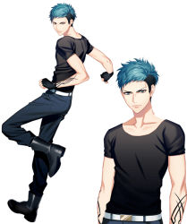Rule 34 | 10s, 1boy, arm tattoo, arms at sides, black shirt, blouse, boots, dynamic chord, fingerless gloves, frown, fujiwara ryo, gloves, honeybee (otome), male focus, multiple views, official art, shirt, shoes, simple background, standing, standing on one leg, sumiya shinomune, tattoo, white background