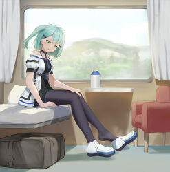 Rule 34 | 1girl, absurdres, blush, green eyes, green hair, highres, looking at viewer, medium hair, pantyhose, parted lips, shoes, side ponytail, sitting, steam, unworn shoes