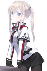 Rule 34 | 10s, 1girl, anchor choker, arm support, artist name, bad id, bad pixiv id, black gloves, black ribbon, blonde hair, blue eyes, blush, capelet, capriccio, celtic knot, collar, cross, expressionless, gloves, graf zeppelin (kancolle), hair ribbon, hibanar, iron cross, kantai collection, leaning forward, long sleeves, looking at viewer, military, military uniform, miniskirt, necktie, one side up, pantyhose, ribbon, short hair, sidelocks, signature, simple background, skirt, solo, table, uniform, white background