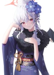 Rule 34 | 1girl, aya (lezon), black wings, blue archive, blue flower, bow, braid, floral print, flower, flower knot, fur-trimmed kimono, fur trim, grin, hair bow, hair bun, hair flower, hair ornament, halo, hand in own hair, hands on own chest, hands up, haruna (blue archive), haruna (new year) (blue archive), head tilt, highres, japanese clothes, kimono, long hair, looking at viewer, obi, obiage, obijime, official alternate costume, paid reward available, parted lips, print kimono, purple flower, purple kimono, red eyes, red sash, sash, side braid, simple background, single braid, single wing, smile, solo, teeth, white background, white flower, white hair, wide sleeves, wing ornament, wing piercing, wings