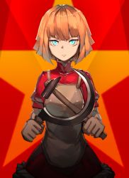 Rule 34 | 1girl, absurdres, apron, blonde hair, blue eyes, closed mouth, crescent, dress, fixro2n, hammer, highres, holding, holding hammer, looking at viewer, orange hair, original, red background, red dress, red shirt, shirt, short hair, short sleeves, solo, soviet, star (symbol), white apron, yellow star