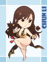 Rule 34 | 1girl, :&lt;, alternate costume, bare legs, braid, breasts, brown hair, capcom, character name, chibi, china dress, chinese clothes, chun-li, cleavage, dress, fighting stance, full body, large breasts, long hair, serious, solo, standing, standing on one leg, street fighter, street fighter v, thighs, twin braids, x-t3al