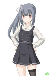 Rule 34 | 1girl, artist logo, black thighhighs, brown eyes, commentary request, cowboy shot, dress, grey hair, hands on own hips, highres, kantai collection, kasumi (kancolle), kasumi kai ni (kancolle), long hair, long sleeves, looking at viewer, pinafore dress, shirt, side ponytail, simple background, single thighhigh, sleeveless, sleeveless dress, solo, t2r, thighhighs, white background, white shirt