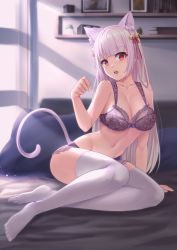 Rule 34 | 1girl, absurdres, animal ears, bed sheet, bedroom, bra, breasts, cat ears, cat girl, cat tail, cleavage, collarbone, highres, indoors, lace, lace-trimmed bra, lace trim, long hair, looking at viewer, medium breasts, navel, original, phusit, red eyes, silver hair, sitting, solo, tail, thighhighs, underwear, underwear only, very long hair, white thighhighs