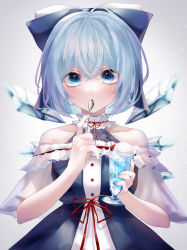 Rule 34 | 1girl, :o, alternate costume, bare shoulders, blue bow, blue dress, blue eyes, blue hair, blue nails, blush, bow, cherry, choker, cirno, commentary request, dress, food, frilled choker, frills, fruit, gradient background, grey background, hair between eyes, hair bow, hand up, highres, holding, holding food, holding spoon, ice, ice cream, ice cube, ice wings, light particles, looking at viewer, nail polish, neck ribbon, off-shoulder dress, off shoulder, red ribbon, ribbon, sash, see-through, see-through sleeves, short hair, solo, spoon, touhou, upper body, utensil in mouth, wide sleeves, wings, yukia (yukia 777)