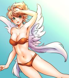 Rule 34 | 1girl, angel wings, blonde hair, breasts, breath of fire, breath of fire iii, earrings, green eyes, hairband, hamamuraacca, highres, jewelry, looking at viewer, navel, nina (breath of fire iii), open mouth, short hair, simple background, solo, swimsuit, white wings, wings