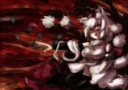 Rule 34 | 1girl, animal ears, detached sleeves, female focus, hat, inubashiri momiji, leaf, open mouth, outstretched arm, outstretched hand, ryuu (multitask), short hair, silver hair, solo, tokin hat, touhou, wolf ears, yellow eyes