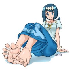 Rule 34 | 1girl, barefoot, blue eyes, blue hair, breasts, creatures (company), feet, female focus, foot focus, game freak, lana&#039;s mother (pokemon), looking at viewer, mature female, medium breasts, medium hair, nintendo, pokemon, pokemon (anime), pokemon sm (anime), sitting, smile, solo, tsukimaru (ls 99ml), white background