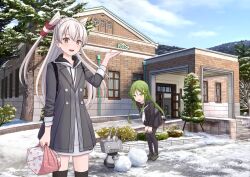 Rule 34 | 2girls, amatsukaze (kancolle), backpack, bag, bento, black pantyhose, black serafuku, black thighhighs, blue sky, brown eyes, building, cloud, coat, commentary request, cowboy shot, crescent, crescent hair ornament, day, dress, green eyes, green hair, grey coat, grey hair, hair ornament, hair tubes, hitakikan, hooded dress, kantai collection, long hair, looking at viewer, multiple girls, nagatsuki (kancolle), neckerchief, official alternate costume, outdoors, pantyhose, rensouhou-kun, scenery, school uniform, serafuku, sky, snow, thighhighs, tree, two side up, white dress, white neckerchief