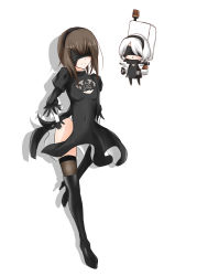 Rule 34 | 2girls, black dress, black footwear, black gloves, black hairband, black legwear, blindfold, blush, boots, brown hair, cleavage cutout, clothing cutout, commentary request, cosplay, covered eyes, covered navel, dress, feather-trimmed sleeves, full body, gloves, hairband, hand on own hip, high heel boots, high heels, highleg, highleg leotard, holding, holding sword, holding weapon, kantai collection, komu (8697036), leg lift, leg up, leotard, long sleeves, looking at viewer, multiple girls, nier (series), nier:automata, puffy sleeves, short hair, smile, standing, standing on one leg, sword, taihou (kancolle), thigh boots, thighhighs, weapon, white hair, 2b (nier:automata), 2b (nier:automata) (cosplay)