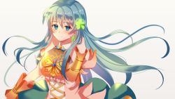 Rule 34 | 1girl, absurdres, alternate costume, aqua hair, arcelle, bare shoulders, blue eyes, blue hair, bracelet, breasts, cleavage, collar, earrings, eirika (fire emblem), eyes visible through hair, fire emblem, fire emblem: the sacred stones, fire emblem heroes, flower, hair flower, hair ornament, highres, jewelry, lips, long hair, looking at viewer, medium breasts, nintendo, sidelocks, simple background, smile, solo, white background, wrist cuffs