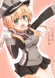 Rule 34 | 10s, 1girl, :d, absurdres, anchor hair ornament, bad id, bad pixiv id, black skirt, blonde hair, gloves, green eyes, hair ornament, hat, heart, highres, kantai collection, kapatarou, long hair, long sleeves, military, military uniform, miniskirt, open mouth, peaked cap, pleated skirt, prinz eugen (kancolle), simple background, skirt, smile, solo, uniform, white gloves