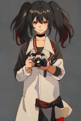 Rule 34 | 1girl, black choker, black hair, black shirt, camera, chinese commentary, choker, commentary request, grey background, hair between eyes, highres, holding, holding camera, long sleeves, looking at viewer, lucia: dawn (holiday of eden) (punishing: gray raven), lucia (punishing: gray raven), multicolored hair, punishing: gray raven, red eyes, red hair, shirt, sidelocks, solo, streaked hair, wanlai bu shiman, white shirt