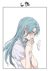Rule 34 | 1girl, aqua hair, bang dream!, blush, breasts, closed mouth, collared shirt, commentary request, ear blush, green eyes, hikawa sayo, profile, sen&#039;yuu yuuji, shirt, short sleeves, simple background, small breasts, solo, steepled fingers, sweatdrop, translation request, upper body, wavy mouth, white background, white shirt